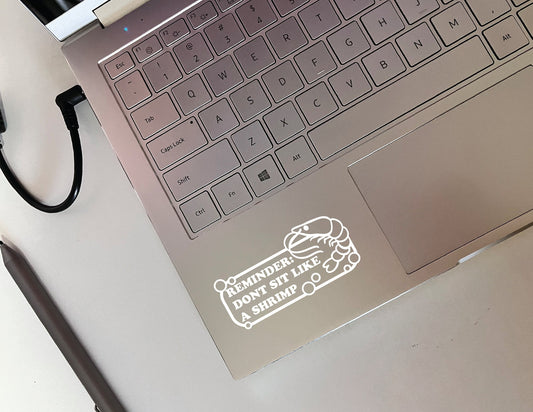 Reminder: Don't Sit Like A Shrimp Vinyl Decal | 3.5in | Funny Decal for Laptops, Water bottles, and More! | Cute Tiny Decal for Gamers, Etc!