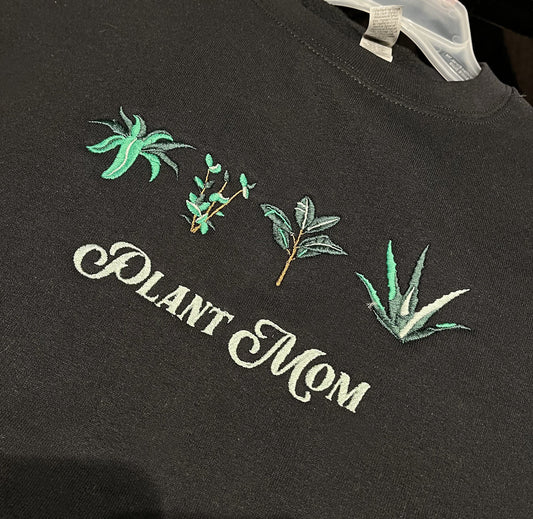 Plant Mom embroidered Crewneck Sweatshirt | Black Embroidery Plant Sweatshirt |