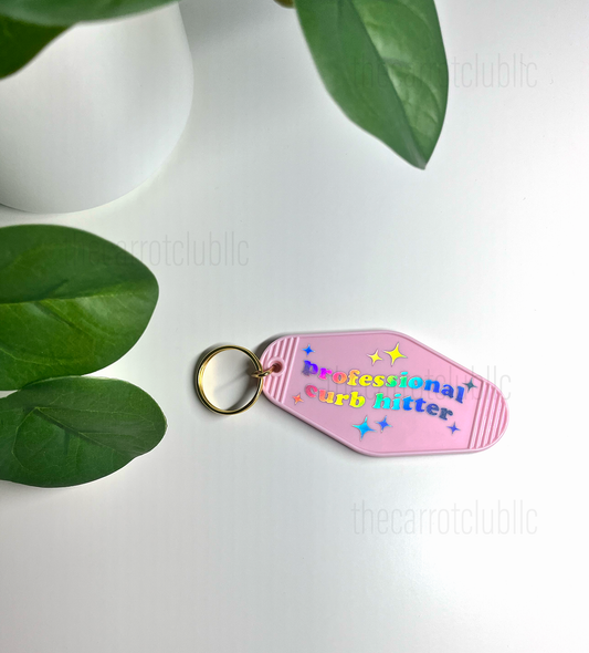 Professional Curb Hitter Pink Holographic Motel Keychain, Retro Vintage style motel keychain, funny keychain