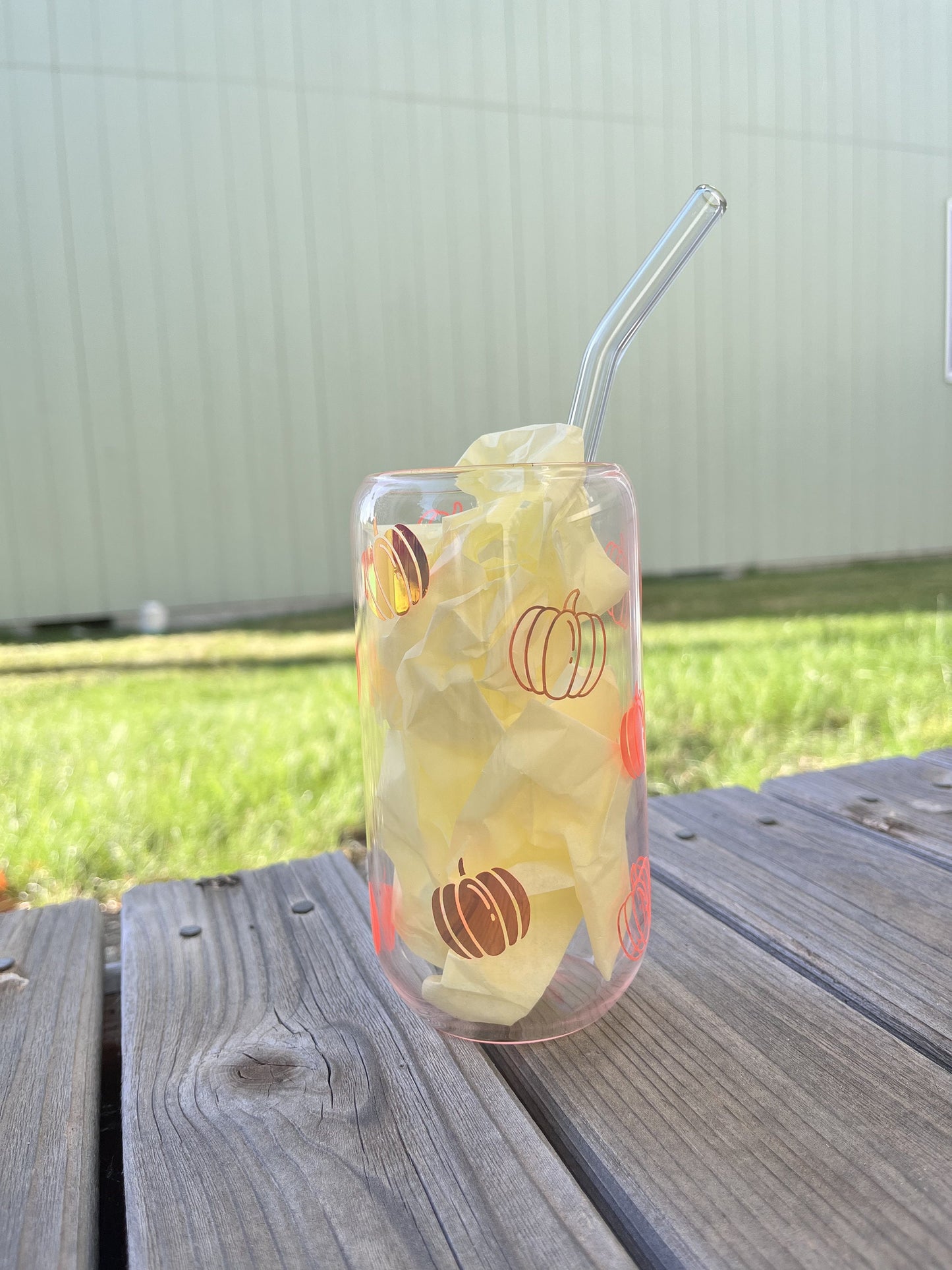 Cute Fall Pumpkin Iced Coffee Beer Glass Mug | Orange Holographic Halloween Pumpkin Glass Iced Coffee Cup | Coffee Lovers Cup with Straw