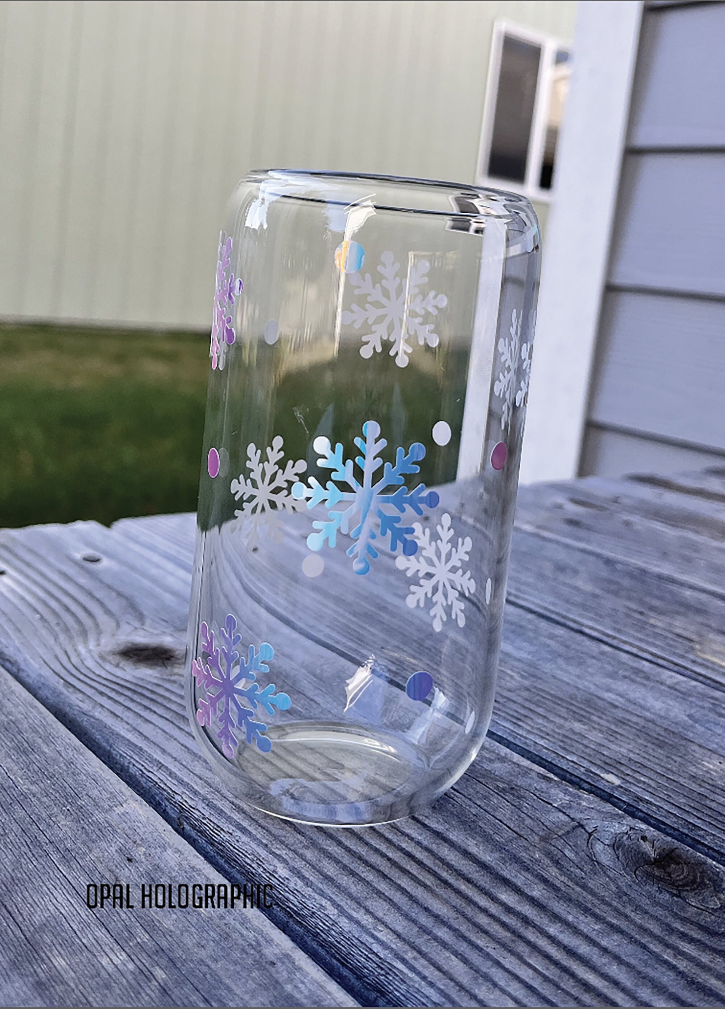 Winter Holographic Snowflake Beer Can Glass Cup with Straw