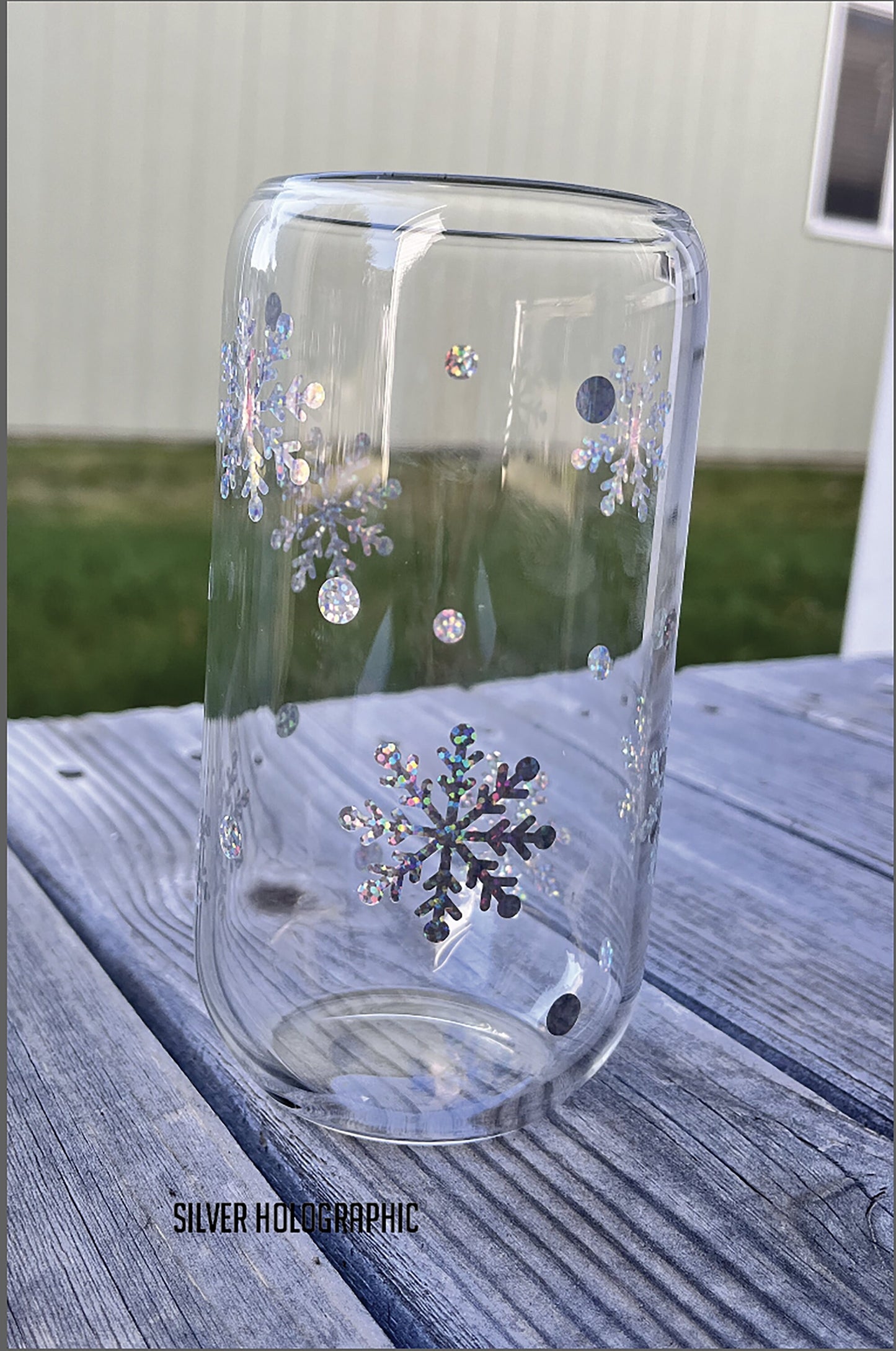 Winter Holographic Snowflake Beer Can Glass Cup with Straw