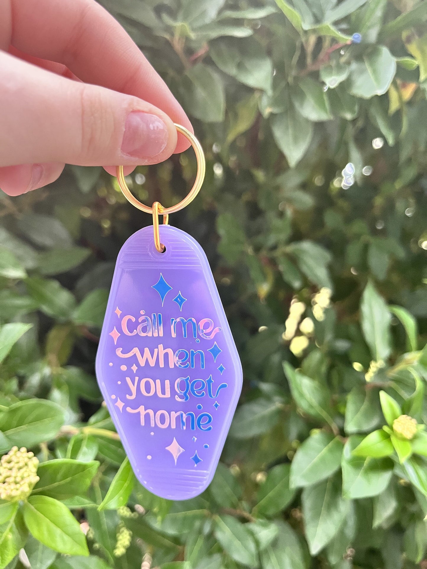 Call Me When you Get Home Purple Motel Keychain | Cute Retro Acrylic Purple Holographic Keychain | Vintage Aesthetic Keychain