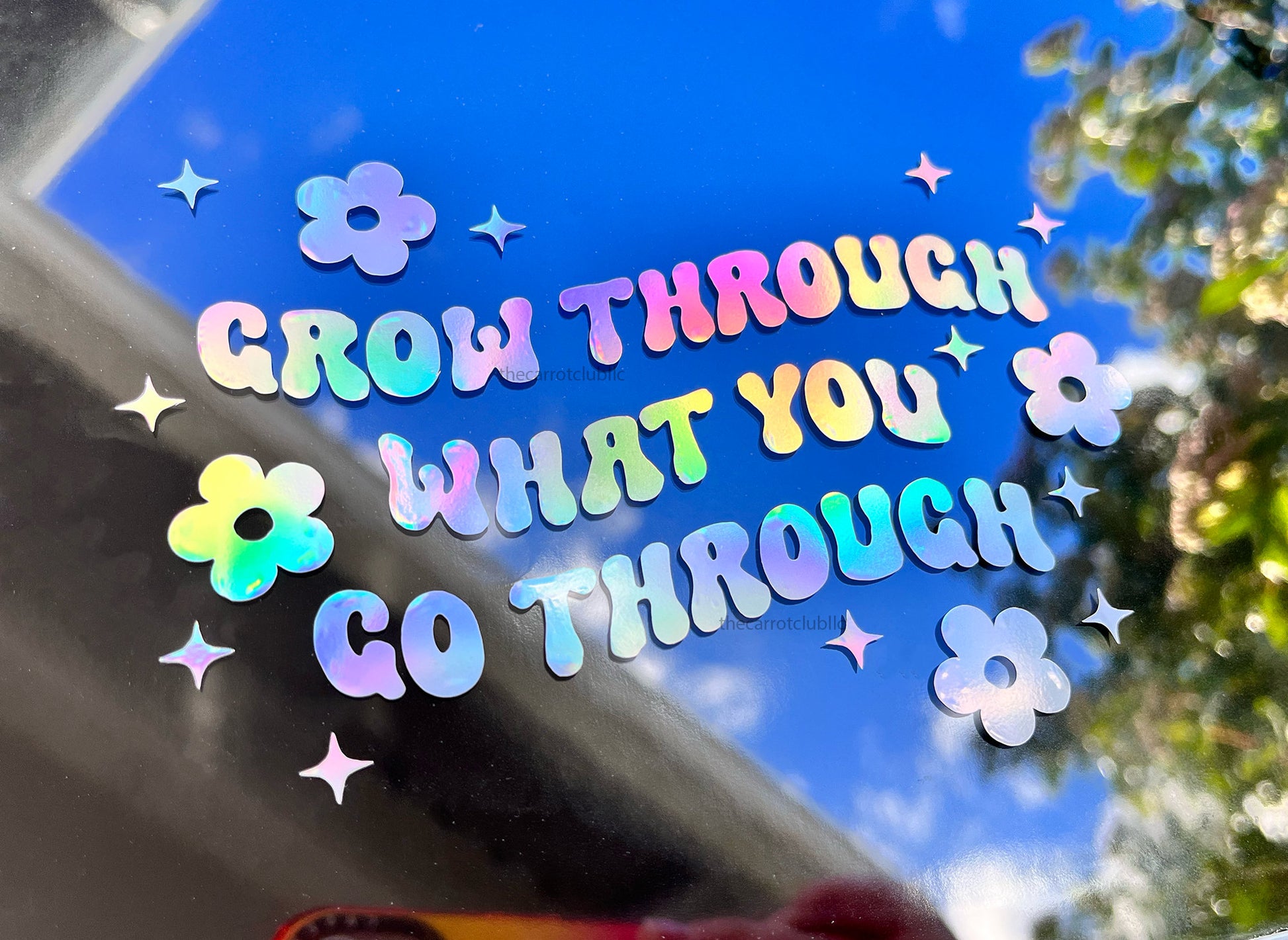 Grow Through What You Go Through 5.5 and 4.5 inch Holographic Vinyl Car Decal | Mental Health Summer Bumper Sticker | Personalized Decal