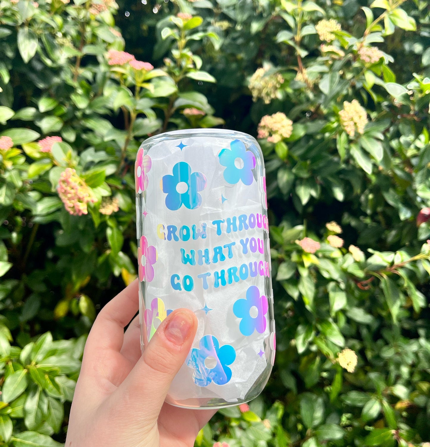 Grow Through What You Go Through Glass Retro Can Cup | Opal Holographic Retro Cute Cup For Iced Coffee | Straw Included