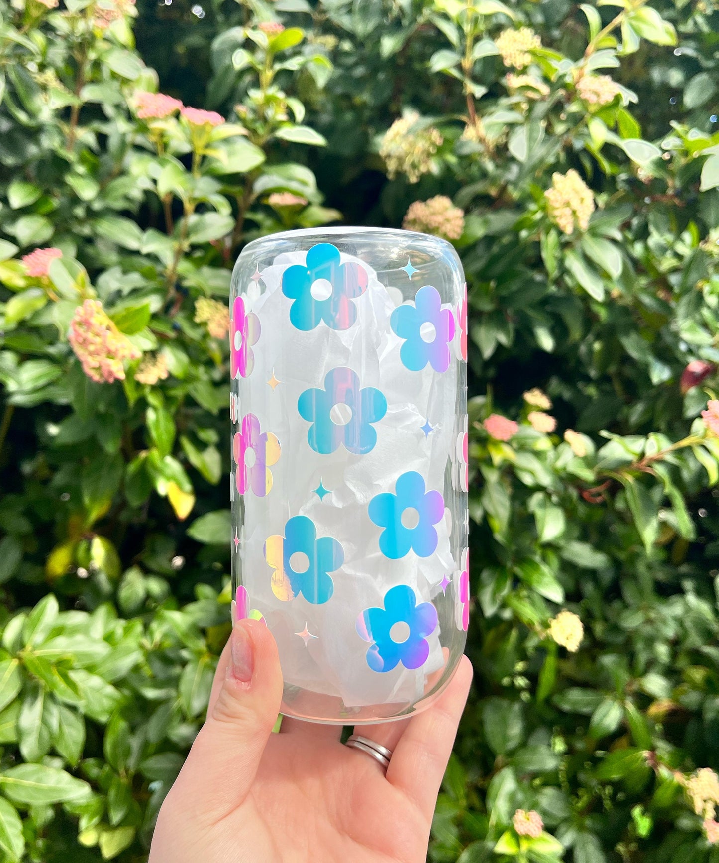 Grow Through What You Go Through Glass Retro Can Cup | Opal Holographic Retro Cute Cup For Iced Coffee | Straw Included