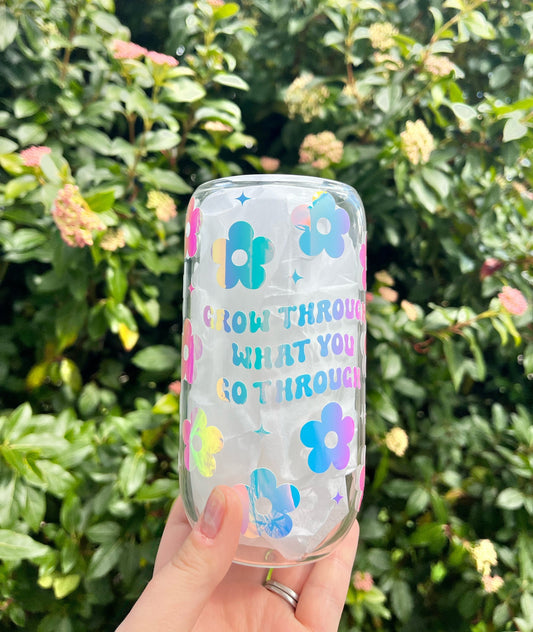 Grow Through What You Go Through Glass Retro Can Cup | Opal Holographic Retro Cute Cup For Iced Coffee | Straw Included